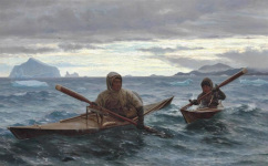 pre et fils en kayak le long de la cte du Groenland
